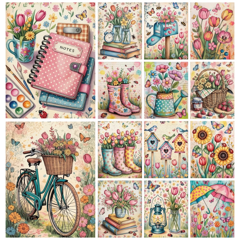 Pu&ograve; includere: Un collage di illustrazioni ad acquerello con temi primaverili e giardinistici. Le immagini includono fiori in vasi, stivali, cesti, una bicicletta con un cestino e un taccuino con la parola "NOTES". Sono presenti anche farfalle e coccinelle.