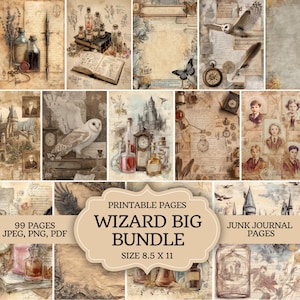 May include: A collection of vintage-style printable pages with a wizard theme. The bundle includes 99 pages in JPEG, PNG, and PDF formats. The pages feature illustrations of potions, owls, castles, and antique portraits. The text on the image reads "WIZARD BIG BUNDLE" and "JUNK JOURNAL PAGES."