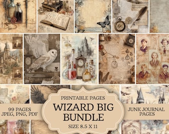 Kit digital grande de diario de magos basura / Efímeras y páginas imprimibles de la escuela de magia / Hoja de collage de scrapbooking vintage / Descarga instantánea