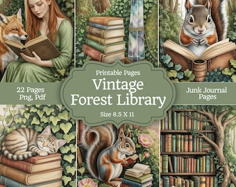Kit de diario basura de la biblioteca de animales del bosque, efímeras botánicas, bosque mágico, álbum de recortes de hadas, páginas imprimibles, descarga digital