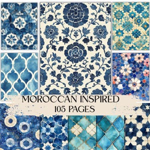 Puede incluir: Una colección de 105 páginas con patrones de inspiración marroquí en tonos azul, blanco y crema. Los diseños incluyen motivos florales, disposiciones de azulejos geométricos y mosaicos complejos con el texto MOROCCAN INSPIRED 105 PAGES.