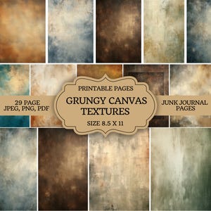 Op de afbeelding: Een verzameling van 29 afdrukbare grungy canvas textuur in JPEG-, PNG- en PDF-formaten. De texturen, in bruin-, blauw- en beigetinten, zijn 21,59 x 27,94 cm groot. De afbeelding bevat ook de tekst "Junk Journal Pages."