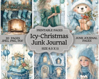 Kit de diario basura "País de las Maravillas Invernal", páginas imprimibles navideñas heladas, papel de scrapbooking nevado, collage de paisaje invernal, descarga digital