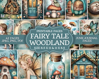 Kit de diario de cuentos de hadas: páginas de bosque encantado, elementos imprimibles, papeles para collage y álbum de recortes de fantasía de hadas.