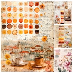 May include: A watercolour collage in warm tones of orange, brown, and yellow. The image features coffee cups, floral details, and a cityscape. The design incorporates handwritten script and circular colour swatches, creating a vintage aesthetic.