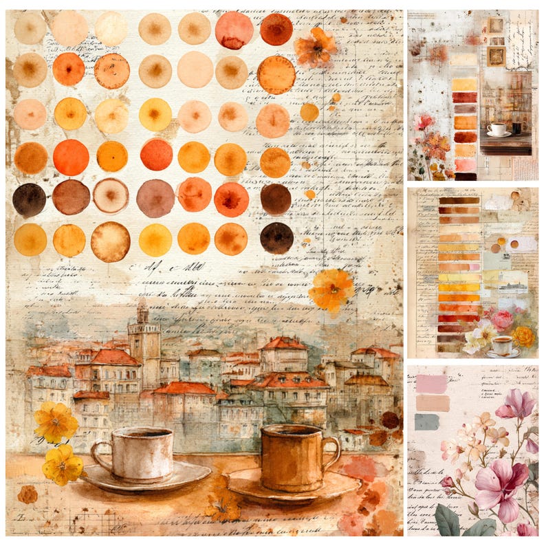 May include: A watercolour collage in warm tones of orange, brown, and yellow. The image features coffee cups, floral details, and a cityscape. The design incorporates handwritten script and circular colour swatches, creating a vintage aesthetic.