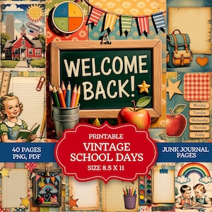 Peut inclure: Un collage numérique de papeterie sur le thème de l'école avec un tableau noir portant le texte WELCOME BACK!, une pomme rouge, des crayons de couleur, un sac à dos, une école et un enfant qui lit. Texte inclus : PRINTABLE VINTAGE SCHOOL DAYS.