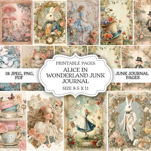 May include: A collection of printable Alice in Wonderland junk journal pages. The pages feature illustrations of the White Rabbit, Alice, the Cheshire Cat, and other iconic characters. The size is 8.5 x 11 inches.