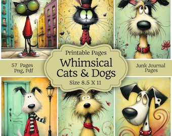 Whimsical Cats & Dogs Junk Journal Pages, Colorful Nursery Art, Digital Paper Pack, Scrapbook Supplies, ATC Cards, Safari Animal Download