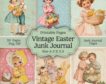 Pagine di diario vintage per bambini di Pasqua, materiale pasquale shabby stampabile, fogli collage di uova di coniglio, kit di diario primaverile da scaricare digitalmente