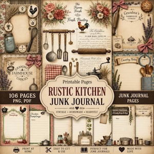Puede incluir: Un collage de páginas imprimibles de diario de cocina rústica. El diseño incluye detalles florales, ilustraciones de gallos y utensilios de cocina vintage. El texto incluye "Rustic Kitchen Junk Journal" y "Grandma's Farmhouse Cookies".
