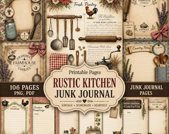 Bundel rustieke keukenrommel | Vintage kookpagina's, plakboekpapier met Cottagecore-recepten | Afdrukbare retro bakdecoupage