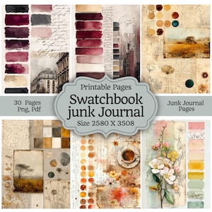以下が含まれることがあります： ヴィンテージな美学を持つ、印刷可能なジャンクジャーナルページのコレクション。ページには、水彩画の見本、建築スケッチ、植物のイラストが掲載されています。画像には「Swatchbook junk Journal」と書かれています。