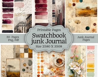 Páginas de diario basura de muestrario vintage / Efímeras de paletas de pintura, fondos de técnica mixta teñidos con café, imprimibles para álbumes de recortes