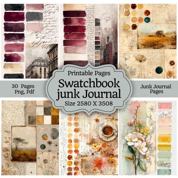 Vintage Swatchbook Junk Journal Pages | Paint Palette Ephemera, Coffee Dyed Mixed Media Backgrounds, Scrapbook Printables