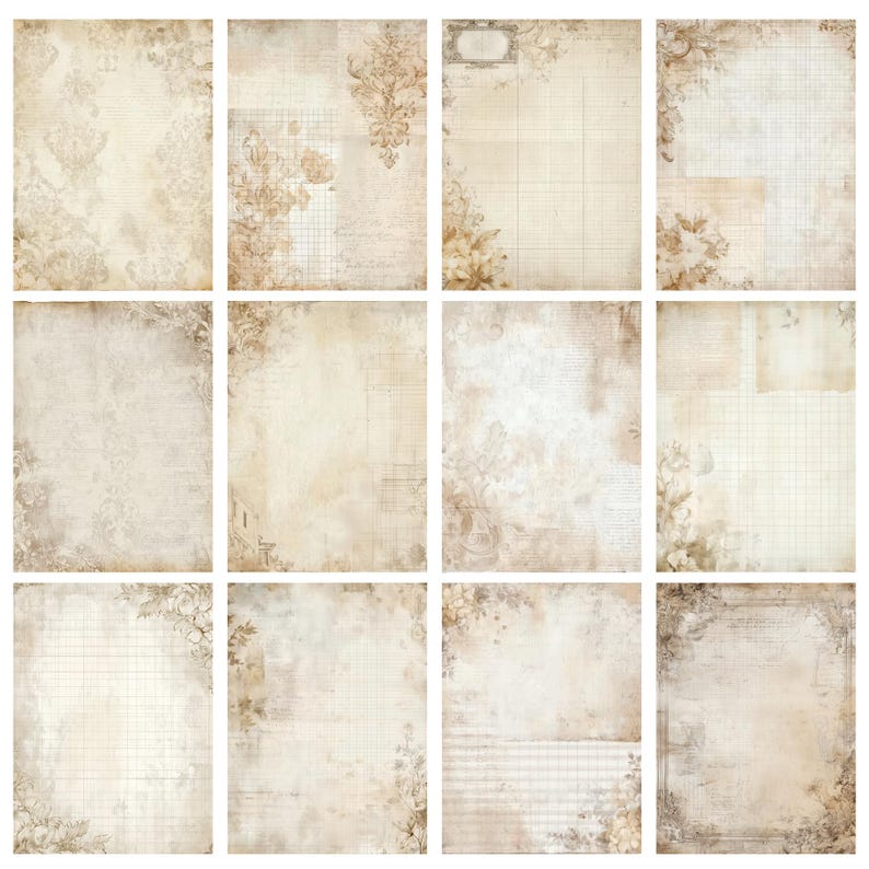 May include: A collection of twelve vintage-style scrapbook papers. Each sheet features a cream-colored background with aged textures, floral accents, and subtle grid or lined patterns. The papers have a sepia-toned color palette.