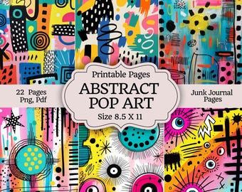 22X Abstract Pop Art Junk Journal Digital Paper Pack, Geometric 80s 90s Retro Backgrounds, Scrapbook, Collage, Printable Mixed Media Art