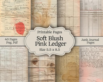 Soft Blush Pink Junk Journal Kit, Shabby Chic Collage Digital Paper, Grunge Ledger Scrapbook Pages, Vintage Ephemera Printable, 40 Designs
