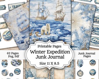 Winter Expedition Junk Journal Kit, Arctic Explorer Scrapbook Paper, Vintage Polar Ephemera, Snowy Adventure Digital Pages, 62 Designs