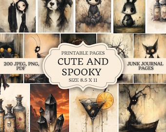 May include: A collection of printable pages with a cute and spooky theme. The images include watercolor illustrations of a dog, a bunny, a witch, and other gothic-inspired art. The text on the image reads "CUTE AND SPOOKY" and "SIZE 8.5 X 11".