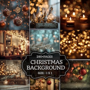 May include: A collage of Christmas-themed images. The images include ornaments, candles, and blurred lights. The text "290+ PAGES CHRISTMAS BACKGROUND SIZE: 1 X 1" is displayed in a black and white frame.
