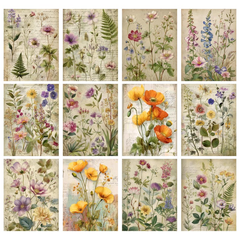 Botanical Flowers Junk Journal Kit – Printable Floral Pages, Vintage ...