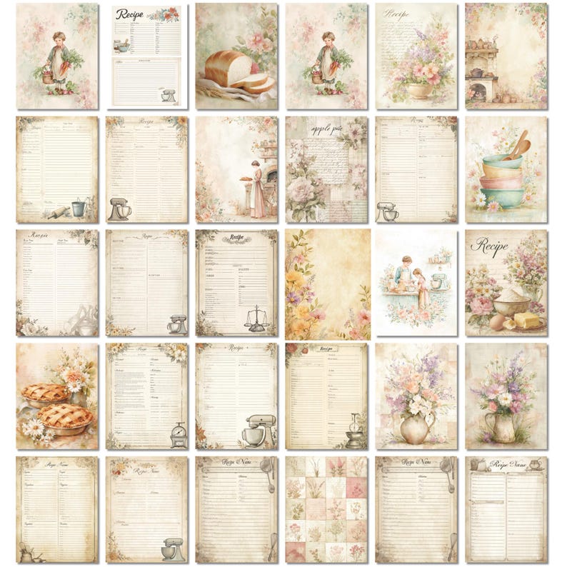 Recipe Junk Journal Printable Kit, Vintage Kitchen Scrapbooking ...