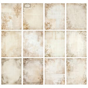 May include: A collection of twelve vintage-style scrapbook papers. Each sheet features a cream-colored background with aged textures, floral accents, and subtle grid or lined patterns. The papers have a distressed, antique aesthetic.