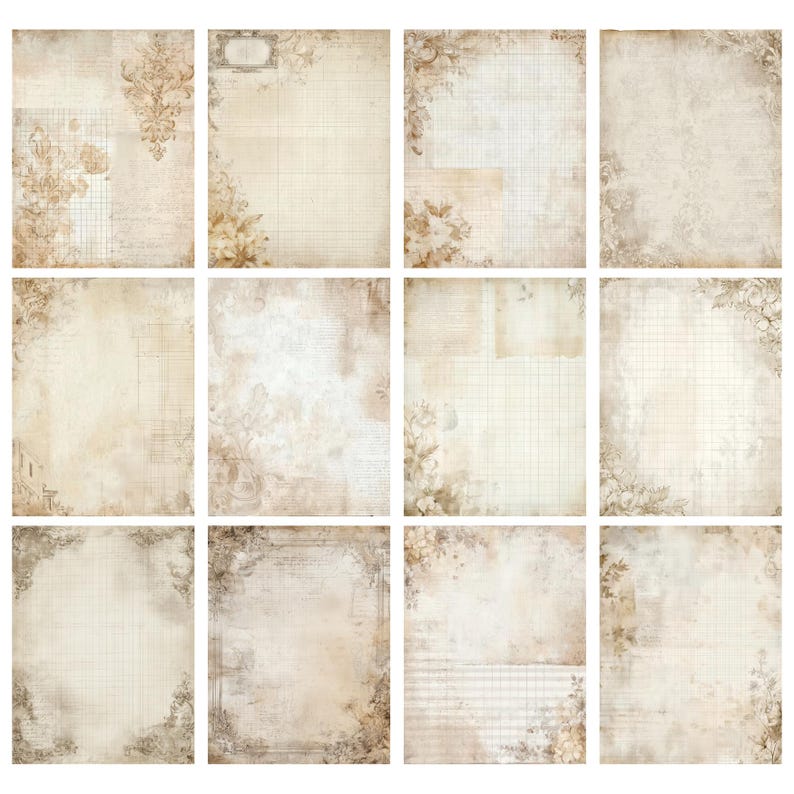 May include: A collection of twelve vintage-style scrapbook papers. Each sheet features a cream-colored background with aged textures, floral accents, and subtle grid or lined patterns. The papers have a distressed, antique aesthetic.