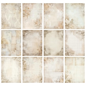May include: A collection of twelve vintage-style scrapbook papers. Each sheet features a cream and beige color palette with floral and damask patterns, grid lines, and aged textures. The papers are ideal for crafting and journaling.
