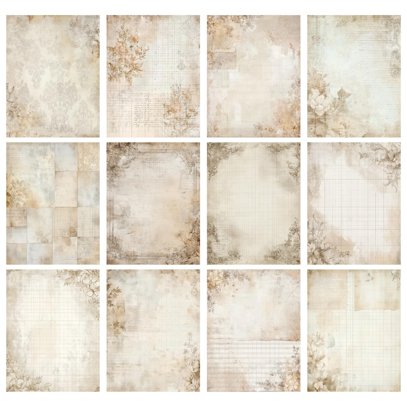 May include: A collection of twelve vintage-style scrapbook papers. Each sheet features a cream and beige color palette with floral and damask patterns, grid lines, and aged textures. The papers are ideal for crafting and journaling.