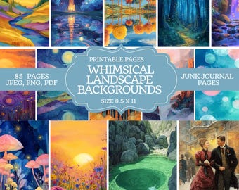 Kit voor tijdschriften met grillig landschap, digitaal | Eigenzinnige achtergrondpagina's en papierset | Afdrukbare ephemera natuurplakboek | Direct downloaden