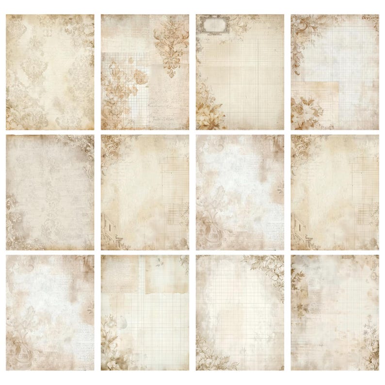 May include: A collection of twelve vintage-style scrapbook paper sheets. Each sheet features a cream-colored background with subtle textures, floral accents, and faded script details. The papers have a distressed, aged appearance.
