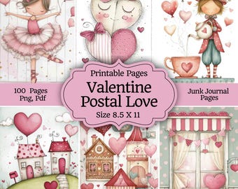 Valentine Postal Love Letter Watercolor Junk Journal Bundle, Romantic Digital Papers, Ephemera, Scrapbook Pages, Printable Crafting Kit