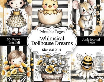 Whimsical Girls Junk Journal Kit, Printable Ephemera, Dollhouse Dreams Theme, Vintage Art Pages, Scrapbook Collage Sheets, Digital Download