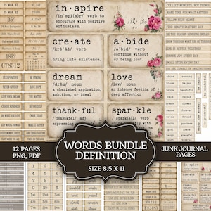 Op de afbeelding: Een digitaal collageblad met vintage-stijl ephemera, inclusief woordenboekdefinities voor woorden zoals inspire, create, abide, dream, love, thankful en sparkle, naast diverse labels, datums en zinnen op pagina's van 21,6 x 27,9 cm.