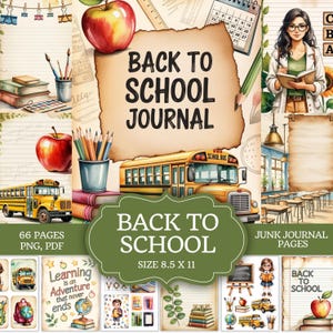 Puede incluir: Un kit de diario digital de regreso a clases con un gráfico de pergamino central con el texto BACK TO SCHOOL JOURNAL, un autobús escolar amarillo, una manzana roja, lápices y una ilustración de estudiante. Incluye 66 páginas de 21,59 x 27,94 cm.