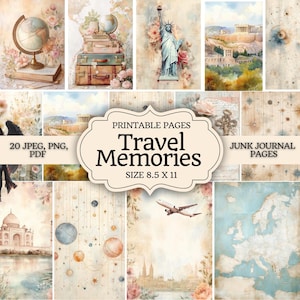 May include: A collection of printable junk journal pages with a travel theme. The pages feature vintage illustrations of landmarks, globes, and suitcases, with the text "Travel Memories" and "Size 8.5 x 11".