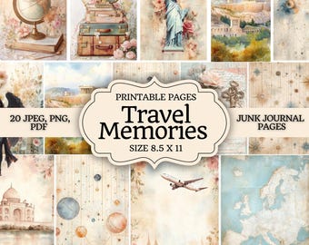 Travel Memories Junk Journal Kit – Vintage Adventure Printable Pages, Wanderlust Ephemera & Scrapbook Paper