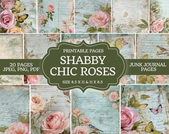 Shabby Chic Roses Junk Journal Kit – Digitala vintagepapper, utskrivbara collageark, blommiga efemera för scrapbooking