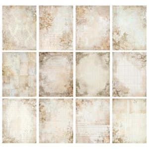 May include: A collection of twelve vintage-style scrapbook papers. Each sheet features a distressed, aged appearance with floral and grid patterns in beige, cream, and brown tones. Some sheets include handwritten script elements.