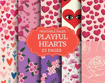 Kit de 23 diarios basura de San Valentín, papeles digitales de corazones, patrones sin costuras, álbum de recortes rosa y rojo, descarga instantánea, imprimible para San Valentín.