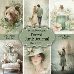 May include: A digital collage featuring a bear, a couple, a woman, and other nature-themed illustrations. The text "Forest Junk Journal" is displayed, along with "300 Pages Png, Pdf" and "Size 8.5 X 11". The overall aesthetic is vintage and rustic.