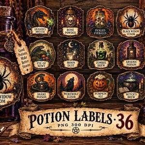 Puede incluir: Una colección de etiquetas decorativas para pociones con ilustraciones de ingredientes mágicos como aliento de dragón, polvo de hueso y veneno de viuda negra. El set incluye 36 archivos PNG a 300 DPI, junto a una gran botella de vidrio morado.
