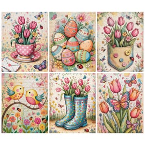 Pu&ograve; includere: Un collage di sei illustrazioni ad acquerello a tema primaverile. Le immagini presentano tulipani, farfalle, coccinelle e uova di Pasqua decorate. Un'immagine mostra tulipani in una tazza da t&egrave;, un'altra in una tasca e un'altra in stivali di gomma.