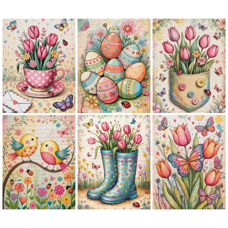 Pu&ograve; includere: Un collage di sei illustrazioni ad acquerello a tema primaverile. Le immagini presentano tulipani, farfalle, coccinelle e uova di Pasqua decorate. Un'immagine mostra tulipani in una tazza da t&egrave;, un'altra in una tasca e un'altra in stivali di gomma.