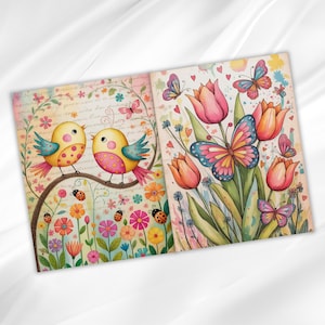 Pu&ograve; includere: Doppia pagina con illustrazioni colorate. Una pagina presenta due uccelli gialli con accenti rosa e blu appollaiati su un ramo sopra fiori e coccinelle. L'altra pagina mostra tulipani e farfalle nei toni del rosa, arancione e blu.