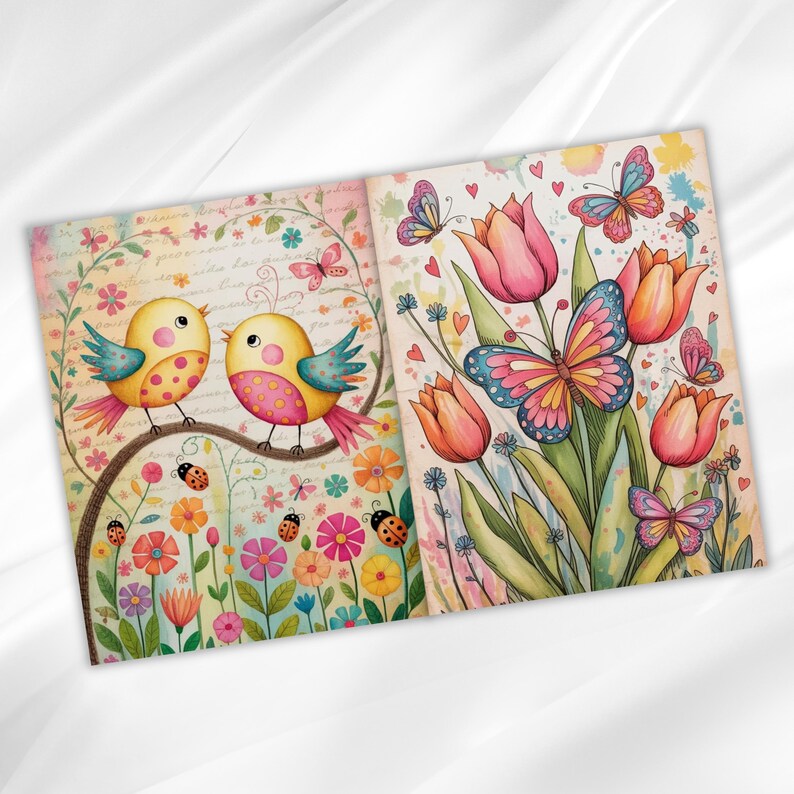 Pu&ograve; includere: Doppia pagina con illustrazioni colorate. Una pagina presenta due uccelli gialli con accenti rosa e blu appollaiati su un ramo sopra fiori e coccinelle. L'altra pagina mostra tulipani e farfalle nei toni del rosa, arancione e blu.