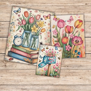 Pu&ograve; includere: Tre stampe artistiche floreali con illustrazioni ad acquerello di tulipani, narcisi e farfalle. Una stampa mostra fiori in barattoli con libri e una sveglia. Le altre due presentano fiori e una cassetta delle lettere.