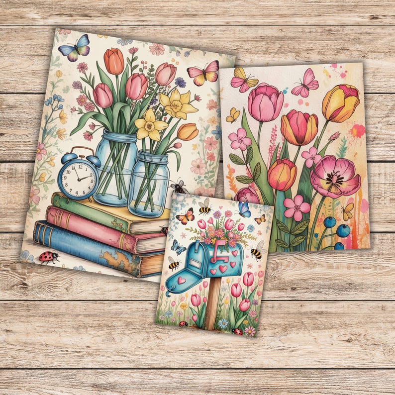 Pu&ograve; includere: Tre stampe artistiche floreali con illustrazioni ad acquerello di tulipani, narcisi e farfalle. Una stampa mostra fiori in barattoli con libri e una sveglia. Le altre due presentano fiori e una cassetta delle lettere.